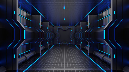 Poster - 3d rendering tunnel High tech technology sci-fi blue and black color digital Abstract background