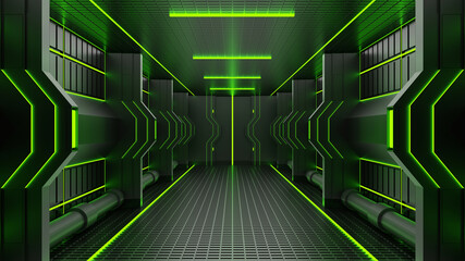 Poster - 3d rendering tunnel High tech technology sci-fi green and black color digital Abstract background