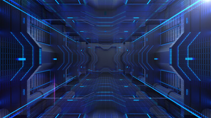 Poster - 3d rendering tunnel High tech technology sci-fi blue and black color digital Abstract background