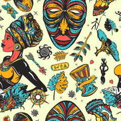  Africa seamless pattern. African woman in traditional turban, tribal mask, kalimba drum. Ethnic afro girl. Tradition and culture background. Tattoo art
