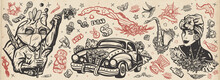 Cuba Old School Tattoo Vector Collection. Havana Retro Cars. Revolutionary Communist, Map, Cuban Woman, Cigar, Rum. Traditional Tattooing Style. History And Culture. Island Of Freedom Concept