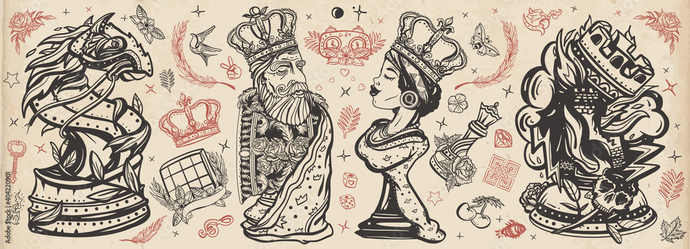 Chess old school tattoo vector collection. Cartoon figures. Checkmate concept. Traditional tattooing style. White king and black queen. Gambit. Pieces, board game. Fiery knight and burning rook - obrazy, fototapety, plakaty 