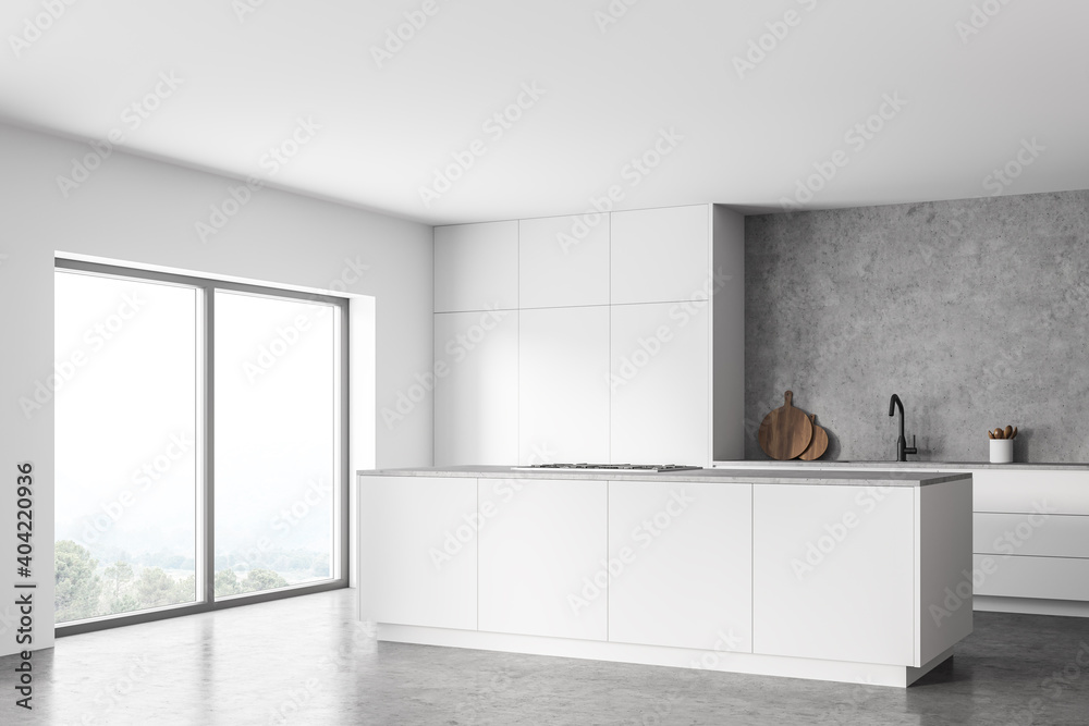 White and concrete kitchen corner with island and window - obrazy, fototapety, plakaty 