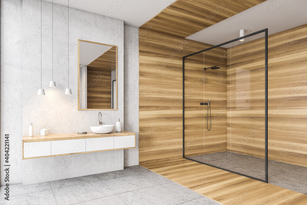 Wooden and white bathroom with shower, sink and mirror - obrazy, fototapety, plakaty 