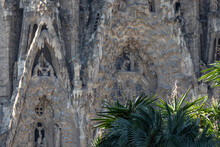 BARCELONA, SPAIN-NOVEMBER 23, 2019: Basílica De La Sagrada Família, The Nativity Facade Details Close Up