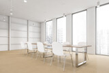 Fototapeta Panele - White conference room with windows, white chairs and table