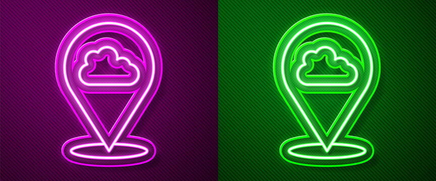Glowing neon line Location cloud icon isolated on purple and green background. Vector.