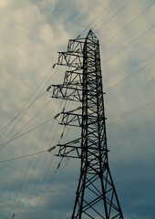 Electric pole with wires at sunset.