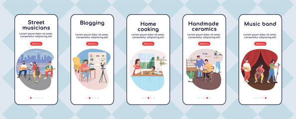 Poster - creative hobby onboarding mobile app screen flat vector template. doing things that you love. walkth