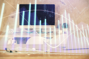 Multi exposure of financial graph drawing and office interior background. Concept of market analysis.