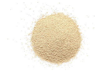 Pile of dry yeast isolated on white background, top view. Active dry yeast on a white background, top view. Dry yeast granules isolated on white background. Dry yeast is used in baked goods.