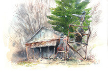 Watercolor Illustration, Sketch Of A Small Sawmill, A Production Building In A Forest Area.