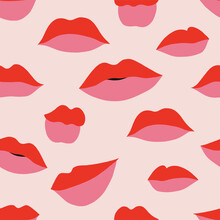 Red Pink Makeup Woman Lips Shapes Background Valentine's Day Kiss Seamless Pattern Flat Graphic Girl Mouth Backdrop Romantic Feminine Design. Vector Illustration