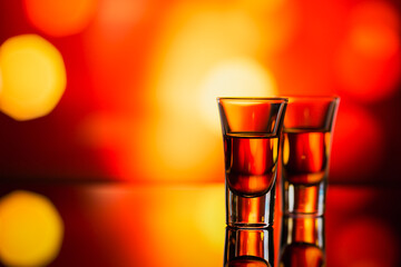 Two glasses of whiskey or bourbon on a red bokeh background. Whiskey mood concept