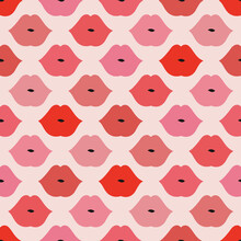 Woman Lips Kisses Seamless Pattern Shades Of Red Pink Lipstick Makeup Kiss Retro Romantic Feminine Valentines Day Vector Background Design. 