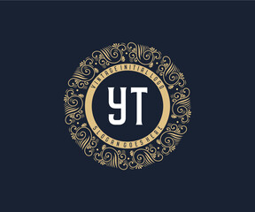 Wall Mural - Initial YT Antique retro luxury victorian calligraphic emblem logo with ornamental frame.