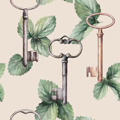 old beautiful vintage key with strawberry leaves darkened metal unusual shape pattern 2 on a beige background
