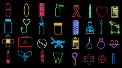 Wall Mural - Set of bright luminous multi-colored medical neon signs for a pharmacy store or hospital scientific laboratory beautiful shiny with medicine icons objects on a black background. illustration