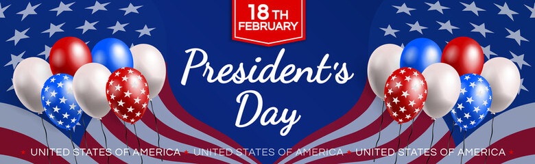 Happy presidents day United States of America USA flags and 3d balloons  horizontal  banner design