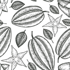 Hand drawn sketch style carambola seamless pattern. Organic fresh fruit vector illustration. Retro fruit background