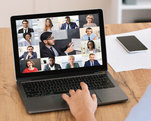 Aufkleber - Unrecognizable businesswoman having online corporate meeting at laptop in office