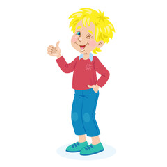 Sticker - Funny little boy showing positive gesture. Thumb up. In cartoon style. Isolated on white background. Vector flat illustration.