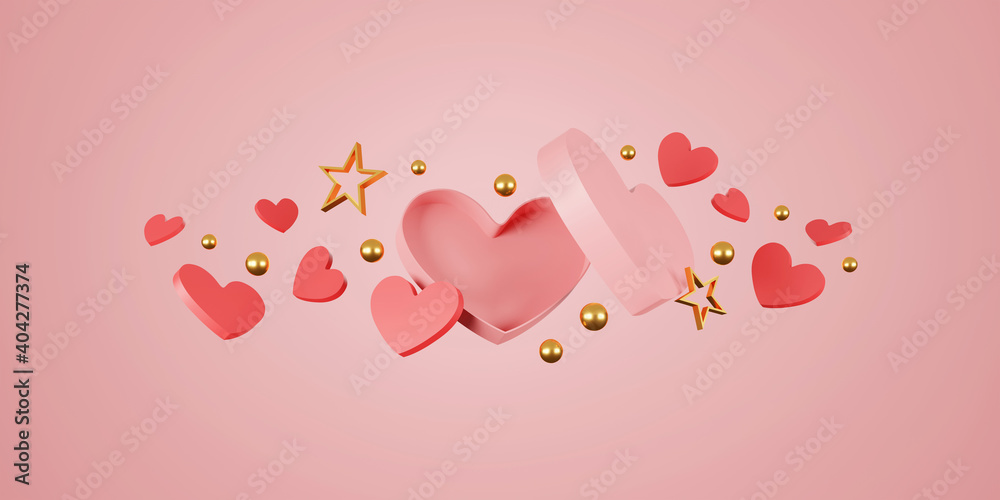 happy valentine's day banner. heart, gift and box on pink background. space for text. 3D illustration - obrazy, fototapety, plakaty 