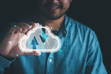Poster - Man holding virtual cloud computing with connection line. Cloud computing is system for sharing download and upload big data information. technology, online, internet.