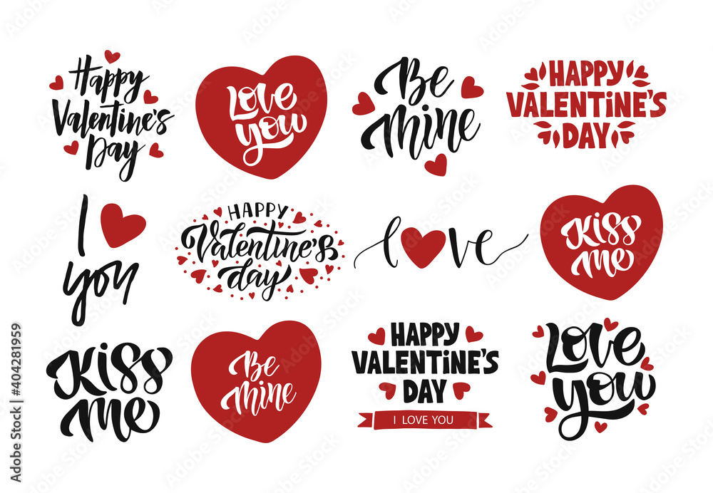 Valentines Day celebration lettering set. Vector template for greeting card. Hand drawn modern quote illustration with heart for advertising, invitation, mug, poster, flyer, t shirt. - obrazy, fototapety, plakaty 