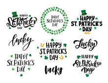 Happy Saint Patrick's Day Celebration Illustration Set. Hand Drawn Vector Black Lettering. Beer Festival Poster. Design For Card, Banner, Mug, T-shirt.
