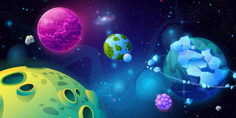 Poster - Fantasy universe, galaxy with planets and celestial bodies made of craters and ice. Panoramic view of cosmos with constellation and fictional systems. Planetarium cartoon vector in flat style