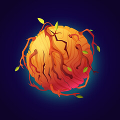 Poster - Fictional fantasy planet design, isolated celestial body with wooden tree or bushes branches with leaves and foliage. Wild life, universe and cosmos nature on star. Cartoon vector in flat style