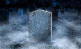 Fototapeta Zwierzęta - Creepy blank gravestone in graveyard at night with low spooky fog