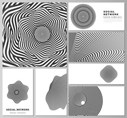 Poster - The minimalistic abstract vector layouts of modern social network mockups in popular formats. Abstract 3D geometrical background with optical illusion black and white design pattern.