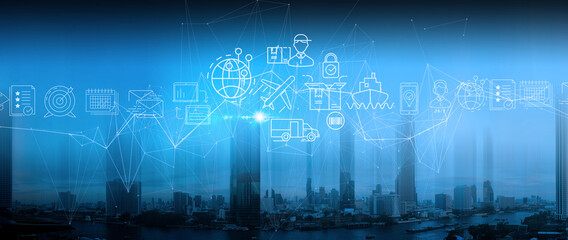 Leinwandbilder -  Global logistics network distribution and transportation  concept with Blur Abstarct city  background.