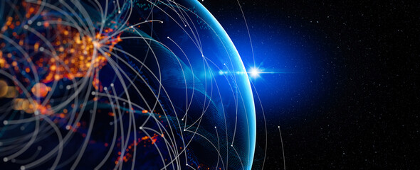 Fototapete - Photo of Energy Digitalization and Communication technology for internet business. Global world network and telecommunication on earth and IoT. Elements of this image furnished by NASA