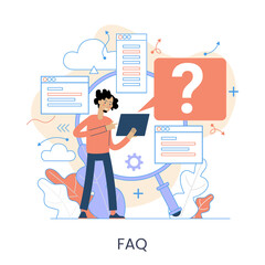 Poster - Website menu help concept. Online guides. Support landing page sections. Frequently asked Questions. Metaphor contact us. Help user interface.