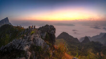 The Mountain Features A Long Ridge, A Viewpoint, Sea Mist And Sunrise, Name Doi Pha Mon, Chiang Rai, Thailand.