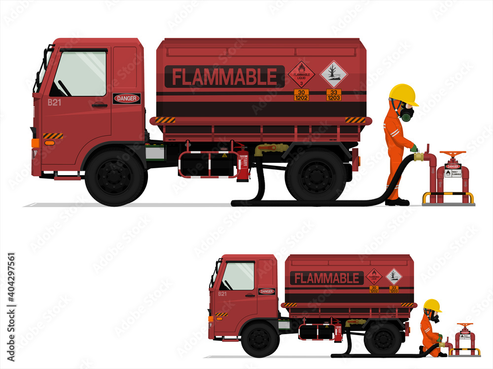 An industrial worker is loading flammable liquid on white background - obrazy, fototapety, plakaty 