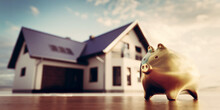 Piggybank And New House, Saving For Home, Mortgage.