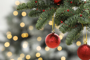 Red Christmas balls hanging on fir tree against blurred festive lights