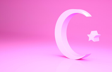 Poster - Pink Star and crescent - symbol of Islam icon isolated on pink background. Religion symbol. Minimalism concept. 3d illustration 3D render.