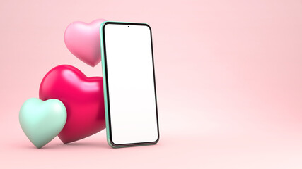Wall Mural - 3D rendering mobile phone mockup with hearts for Valentines day big sale template. 3D illustration of generic smartphone blank screen on a pastel pink background