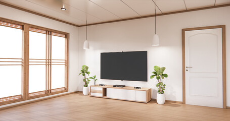 Wall Mural - TV cabinet display with modern room white flooring minimalist. 3d rendering