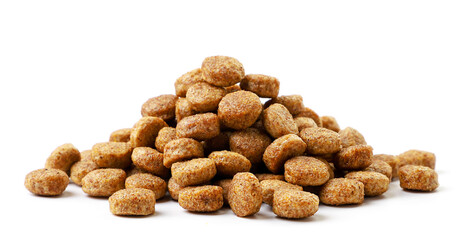 Heap of dry dog food on a white background. Isolated