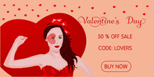 Girl In Red For Valentine's Day .A Woman In A Corset With A Red Bow Holds A Mesh Heart In Her Hand. Vector Illustration. Suitable For Promotions, Advertisements, Offers, Postcards. Modern Style
