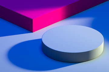 Wall Mural - Blank plastic blue round and foursquare pink podiums for packaging and cosmetic presentation. Abstract product display. Copy space. Empty space. Realistic 3d rendering