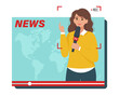 Tv media news. Female journalist with a microphone in the video viewing box. Vector illustration in flat style