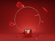 3D Podium, Display, Background. Red, Gold Pedestal, Round Rim. Rose, Flower Petals Levitating. Beauty, Cosmetic Product Presentation. Minimal Stage. Abstract, Love, Valentines Day, Studio 3D Render.