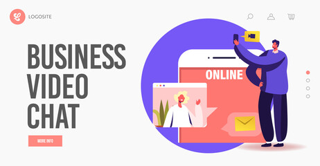 Wall Mural - online teamwork landing page template. tiny business characters speaking via video call with remote 